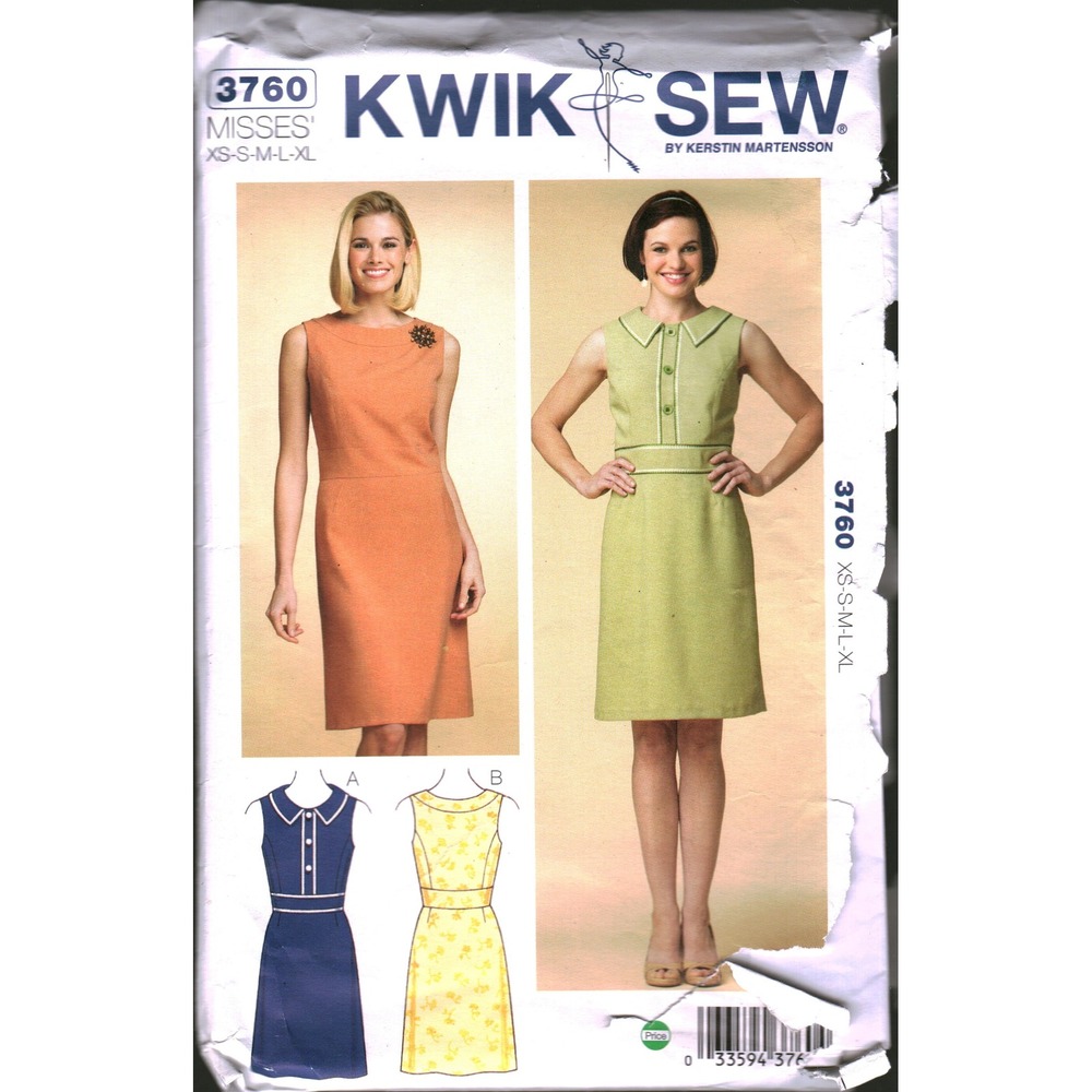 Kwik Sew 3760 Misses Sleeveless Dress Pattern XL Retro A-Line Collar Boat Neck
